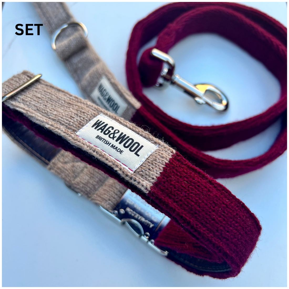 burgundy dog collar and lead set