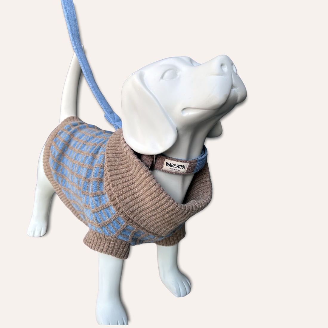 light blue dog jumper and matching lead on a mannequin 