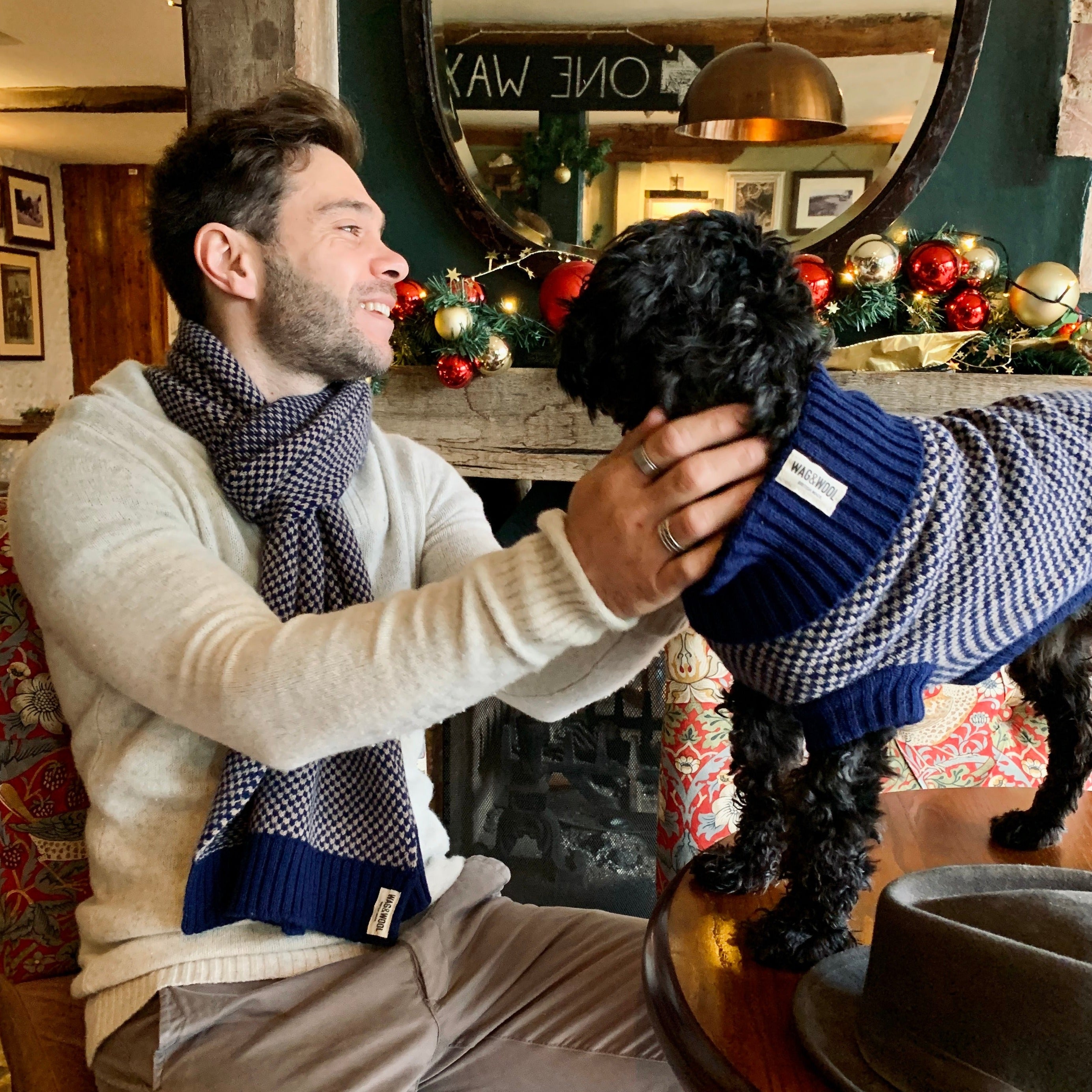 dog and dad in matching outfits 